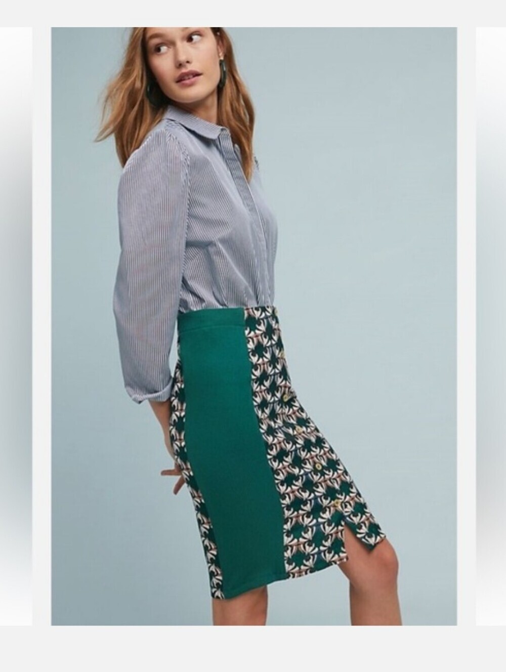 Anthropologie Dolan Devlin Green Brocade Button Down Pencil Skirt Size S